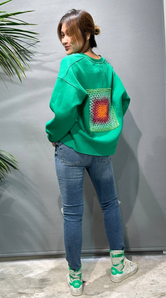 Green V-Neck Sweatshirt with Crocket Patch