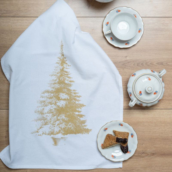 Geschirrtuch Weiss, Weihnachtsbaum gold