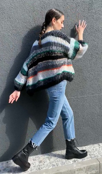 Cashmere Big Cardigan Stripy Mushup