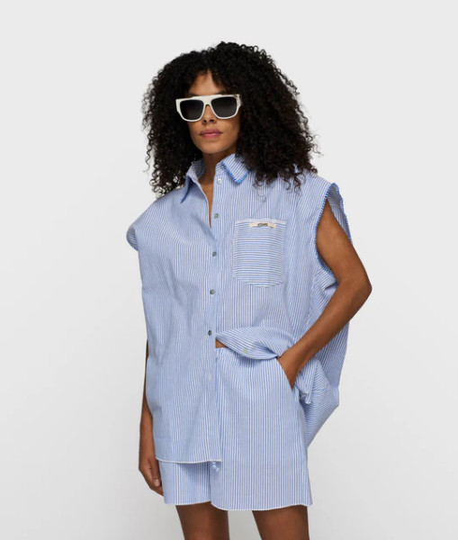 Cotton Blouse Stripes white steel blue