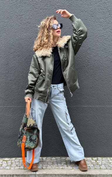Woman Military Bomber Jacket & Lamb Leather