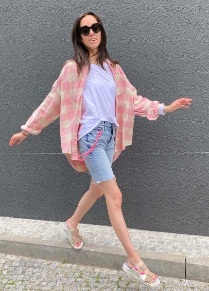 Button Front Shirt Light Pink/Ecru Plaid