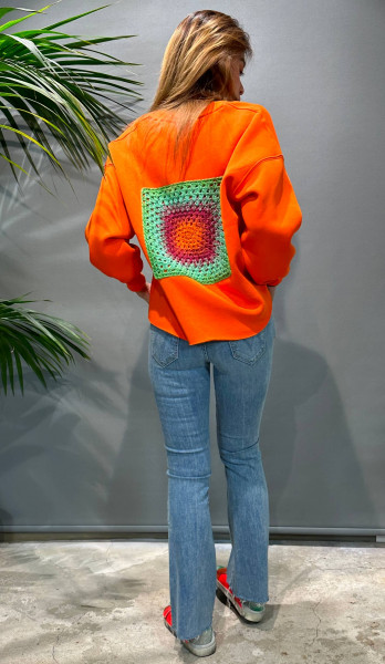 Orange V-Neck Sweatshirt with Crocket Patch