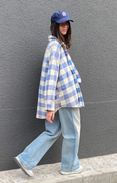 Button Front Shirt Light Blue/Ecru Plaid