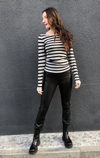 Pury Long Crew Neck Stripe light grey/black