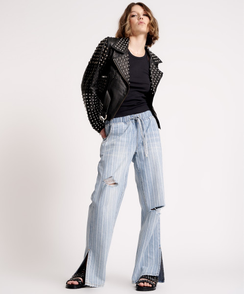 Le Stripe Roadhouse Wide Leg Drawstring Jeans