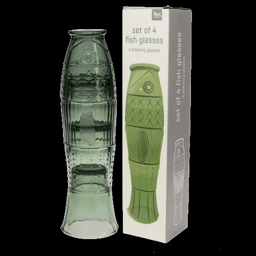 Stapelbare Glasbecher (4er-Set) – Grüner Fisch